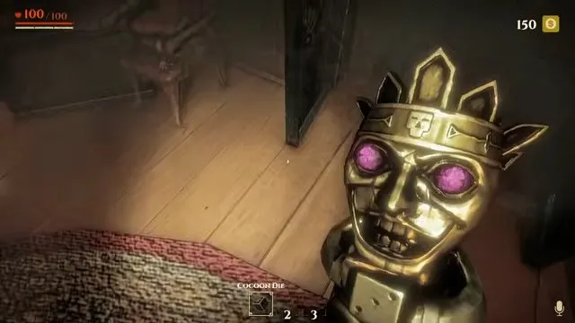 Invokyr how to play: golden idol with purple eyes held in a manor room during the reversed-controls sequence