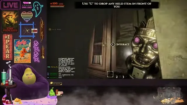 Invokyr idols: a held idol with purple-pink glowing eyes beside an Interact prompt in a manor room